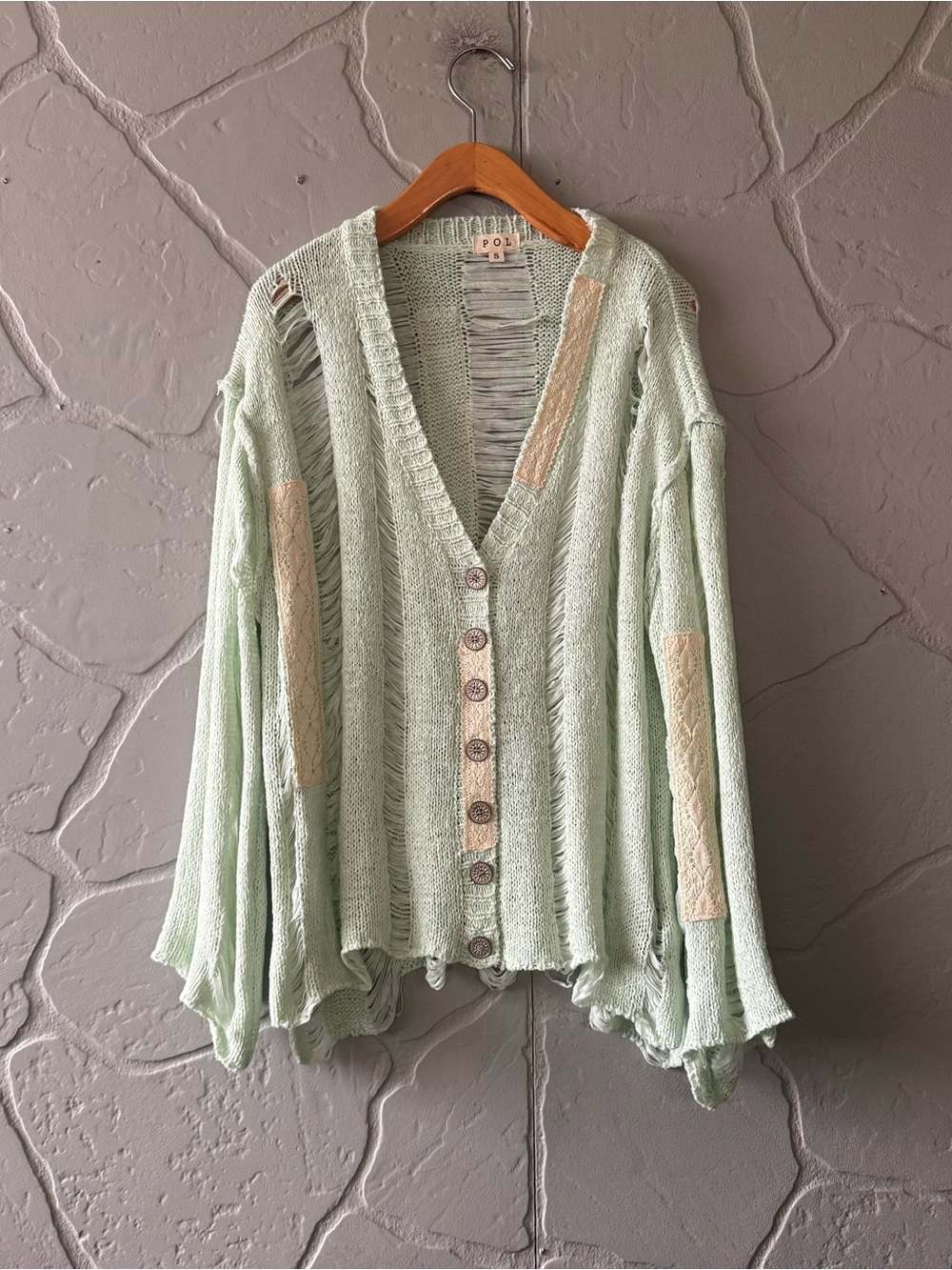 POL Mint Distressed Knit Button Cardigan Lace Patch Boho Sweater Size S